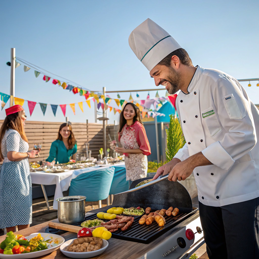 Outdoor BBQ setup by a private villa pool at sunset