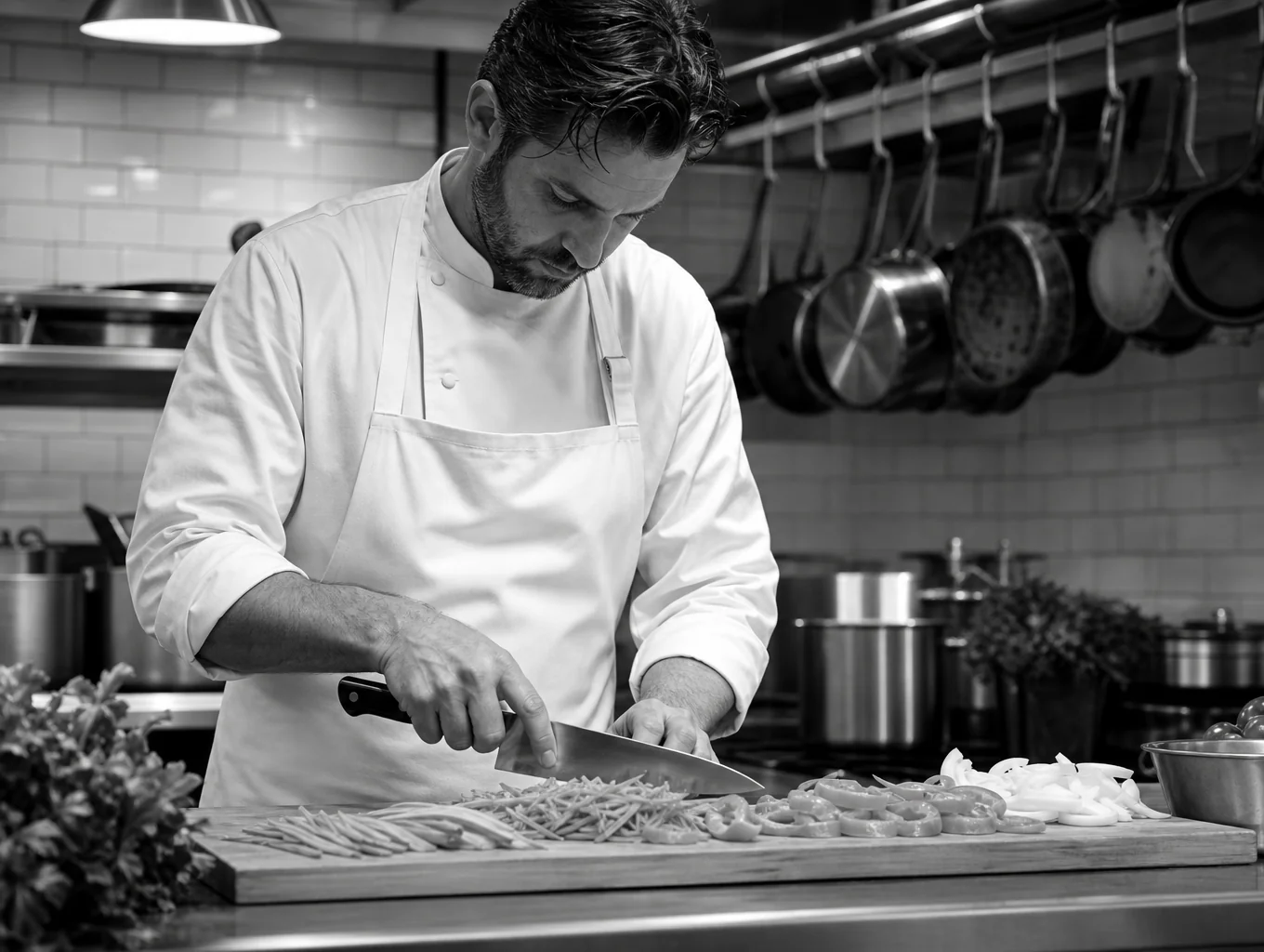 Private chef preparing fresh ingredients in a luxury villa kitchen