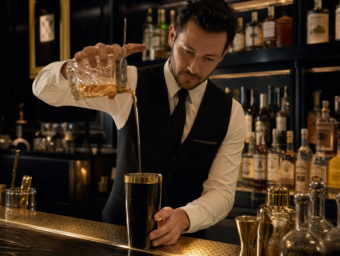 Professional bartender mixing cocktails for guests at a villa party