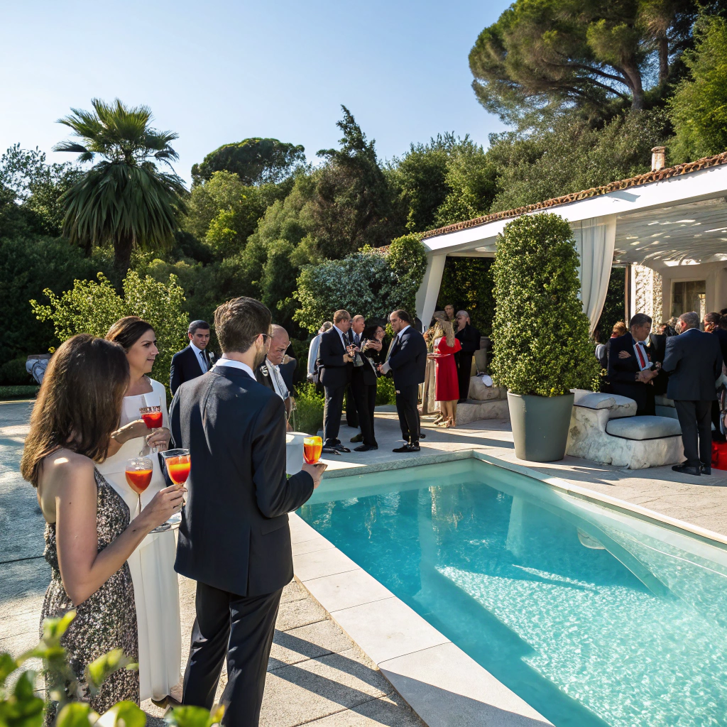 Vibrant pool party setup with cocktails and music