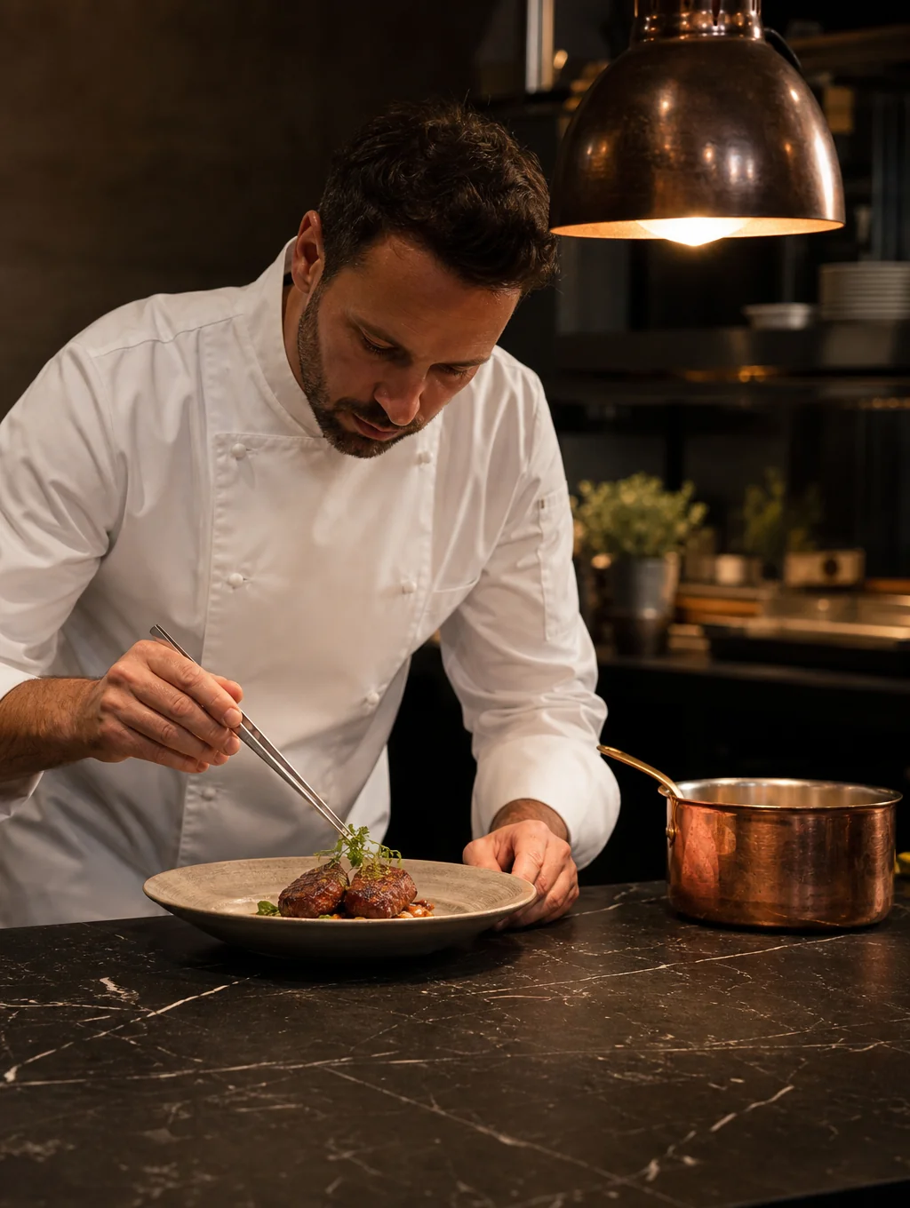Private chef preparing gourmet dinner in a luxury villa kitchen